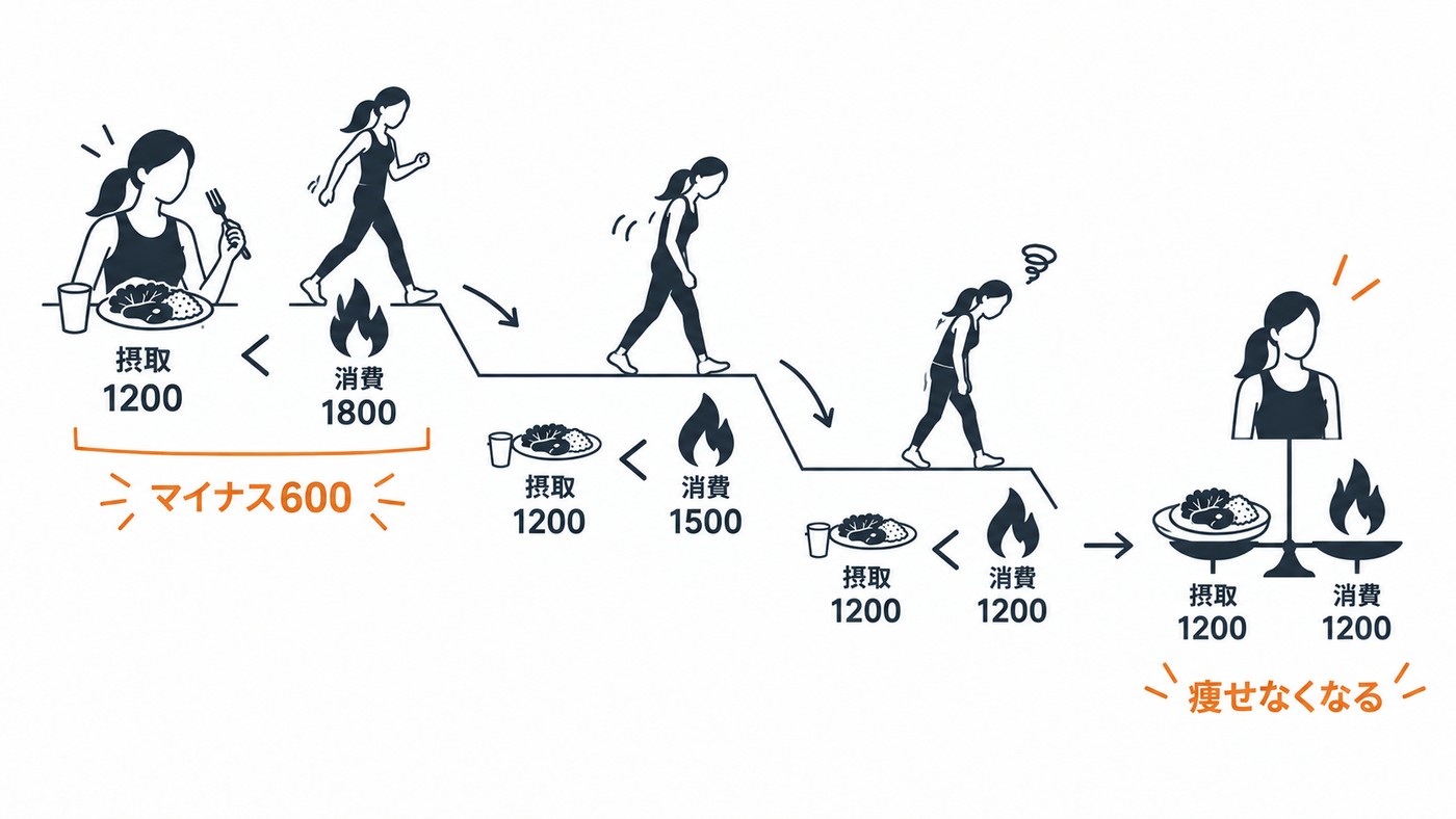 摂取と消費が、1200で釣り合ってしまう